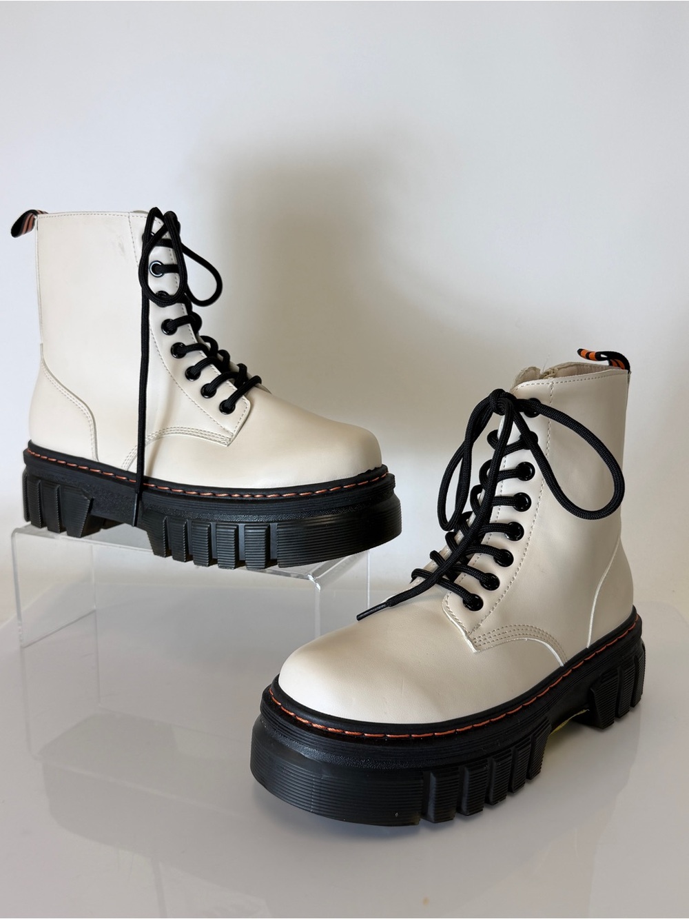 Liliana Cream Lace-Up Platform Combat Boots with Black Sole